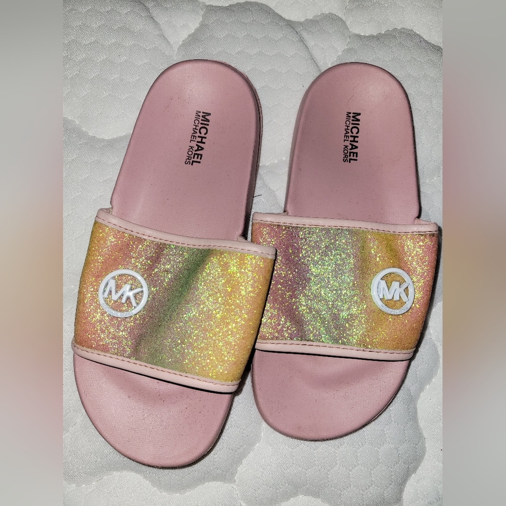 Authentic Michael Kors Pink Slides with Gold Glitter Slides Size 1